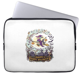 Happy Halloween Witch Broom Black Cat Ghosts_1 Laptop Sleeve