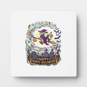 Happy Halloween Witch Broom Black Cat Ghosts_1 Plaque