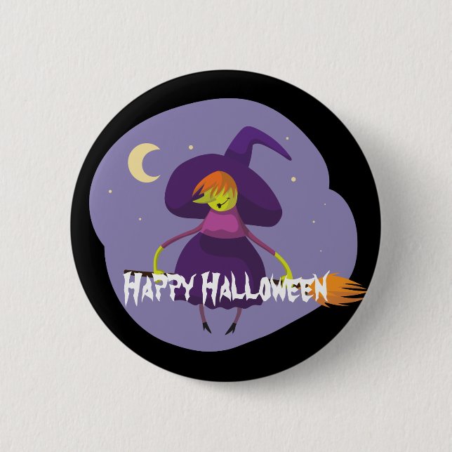 Happy Halloween Witch, Broom, Hat 6 Cm Round Badge (Front)