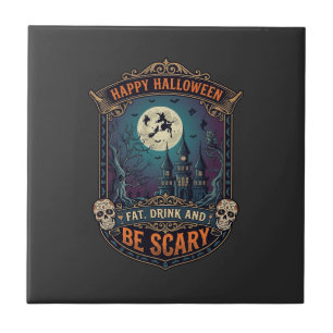 Happy Halloween Witch Castle Skulls Fat Drink Be S Ceramic Tile