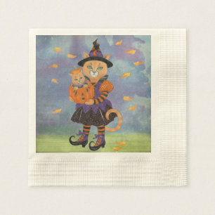 Happy Halloween Witch Cat and Pumpkin Kitty Napkin