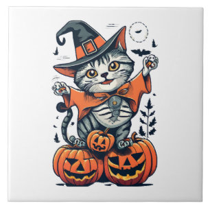 Happy Halloween Witch Cat Ceramic Tile