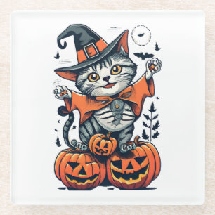 Happy Halloween Witch Cat Glass Coaster