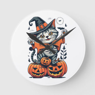 Happy Halloween Witch Cat Round Clock