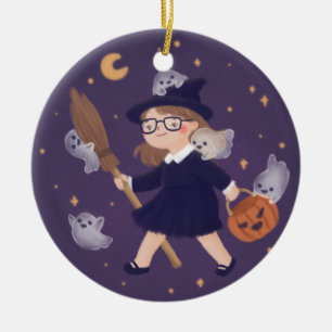 Happy Halloween Witch & Ghosts Ceramic Ornament