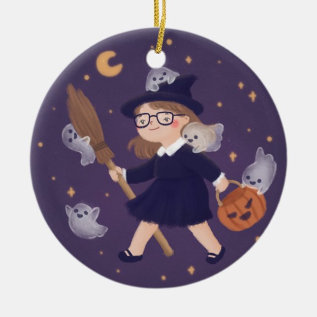 Happy Halloween Witch & Ghosts Ceramic Ornament (Front)