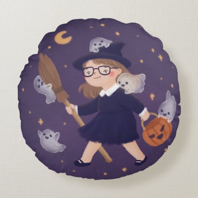 Happy Halloween Witch & Ghosts Round Cushion (Front)
