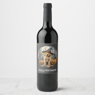 Happy Halloween Witch Golden Retriever Dog Pumpkin Wine Label