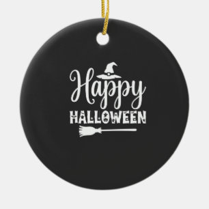 Happy Halloween Witch Hat Broom Design Ceramic Ornament
