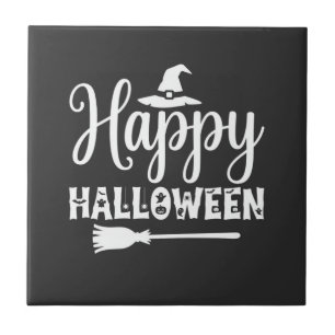 Happy Halloween Witch Hat Broom Design Ceramic Tile