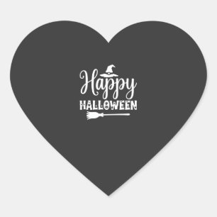 Happy Halloween Witch Hat Broom Design Heart Sticker