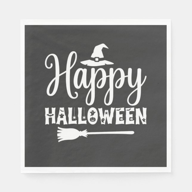 Happy Halloween Witch Hat Broom Design Napkin (Front)