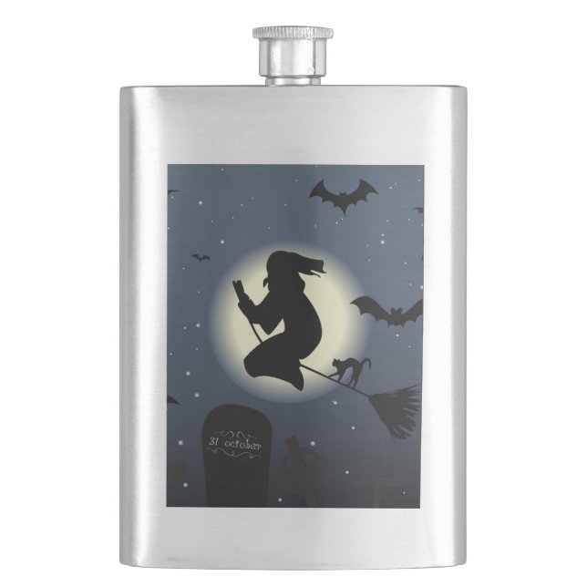 "HAPPY HALLOWEEN" WITCH HIP FLASK (Front)