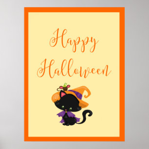 Happy Halloween Witch Kitten Orange Border  Poster