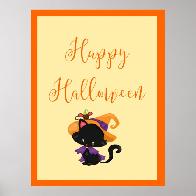 Happy Halloween Witch Kitten Orange Border  Poster (Front)