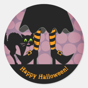 Happy Halloween Witch Legs Black Cat Purple Classic Round Sticker