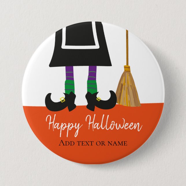 Happy Halloween Witch Legs & Broom Personalised 7.5 Cm Round Badge (Front)