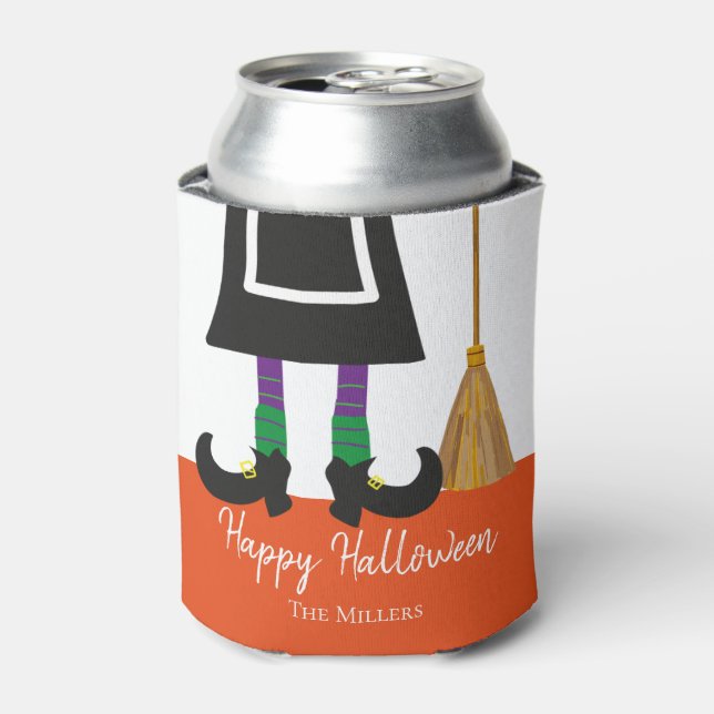 Happy Halloween Witch Legs & Broom Personalised  Can Cooler (Can Front)