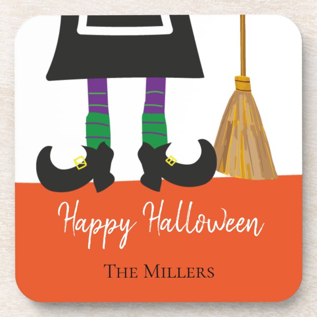Happy Halloween Witch Legs & Broom Personalised Coaster (Front)