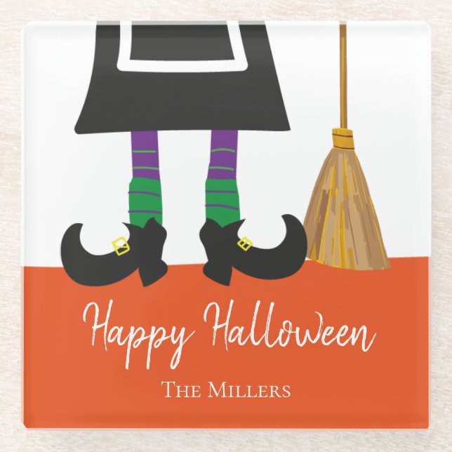 Happy Halloween Witch Legs & Broom Personalised Glass Coaster (Front)