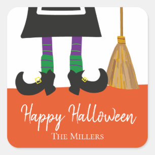 Happy Halloween Witch Legs & Broom Personalised Square Sticker