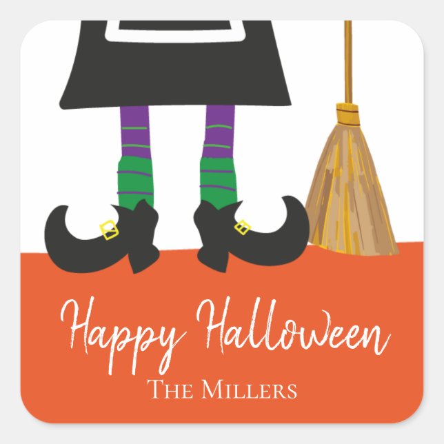 Happy Halloween Witch Legs & Broom Personalised Square Sticker (Front)