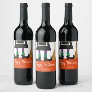Happy Halloween Witch Legs & Broom Personalised Wine Label