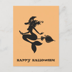 Happy Halloween Witch Mermaid on Broom Postcard