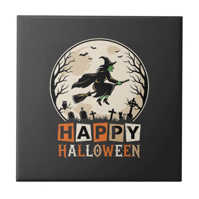 Happy Halloween Witch Moon Cemetery Design_1 Ceramic Tile (Front)