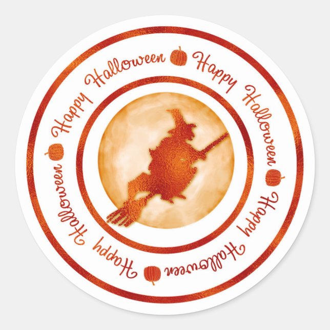 Happy Halloween Witch Moon Orange Shine Party Classic Round Sticker (Front)