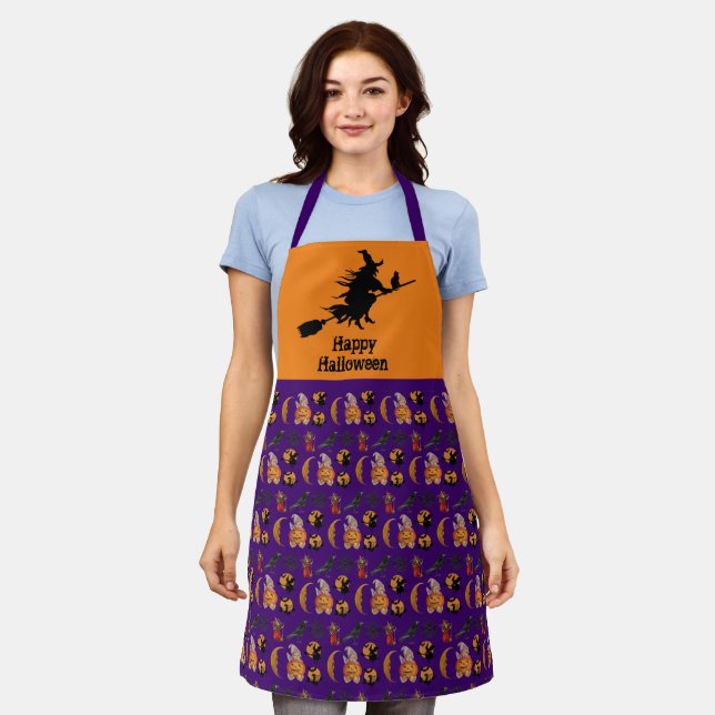 Happy Halloween Witch on a Broom Purple and Orange Apron (Worn)