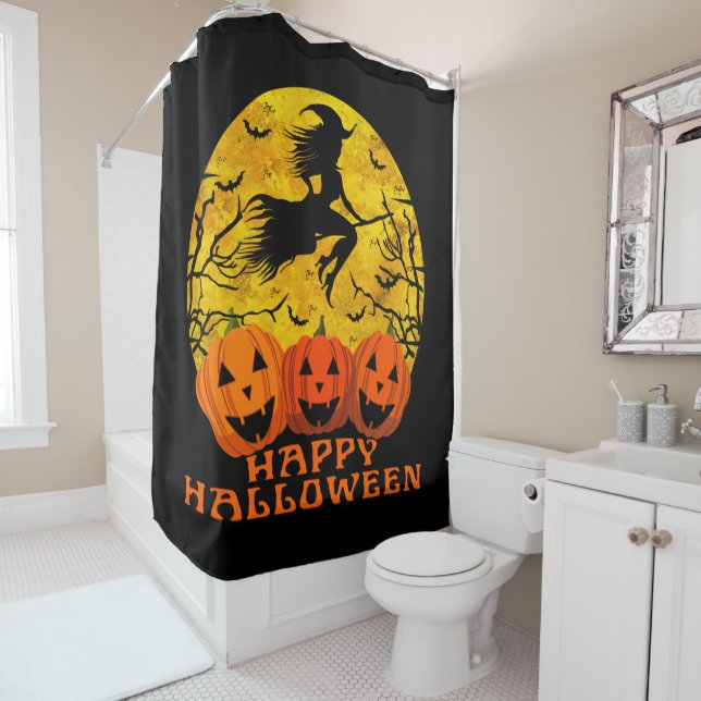 Happy Halloween Witch On Broom  Shower Curtain (In Situ)