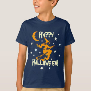 Happy Halloween Witch on Broom Stars Orange Moon T-Shirt