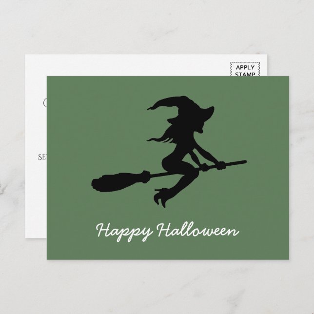 Happy Halloween, Witch On Broomstick Invitation Postcard (Front/Back)