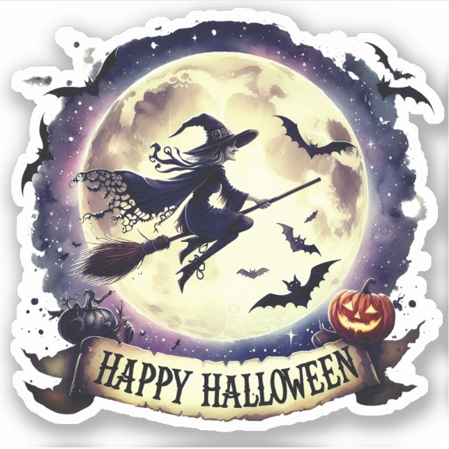 Happy Halloween - Witch on flying Broom  (Front)