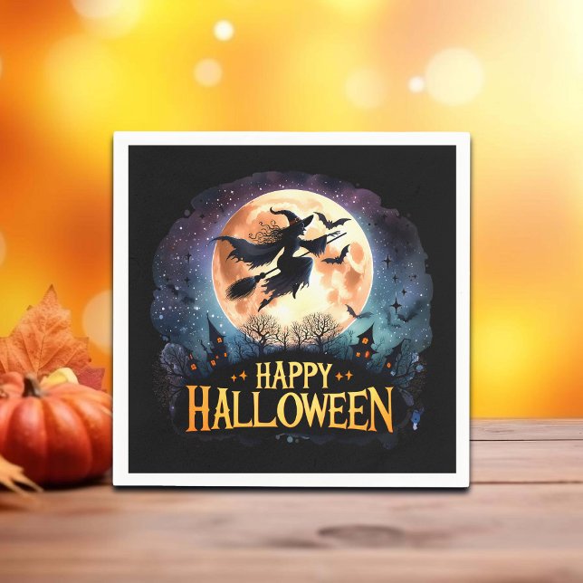 Happy Halloween - Witch on flying Broom  Napkin (Creator Uploaded)