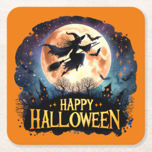Happy Halloween - Witch on flying Broom Square Paper Coaster