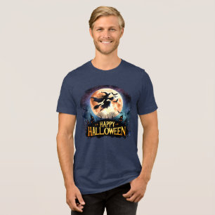 Happy Halloween - Witch on flying Broom  Tri-Blend Shirt