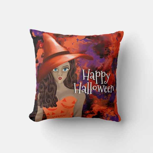 Happy Halloween Witch Orange Black Purple Abstract Cushion (Front)