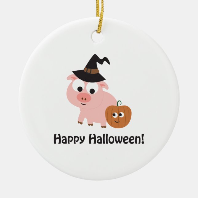 Happy Halloween! Witch Pig Ceramic Ornament (Front)