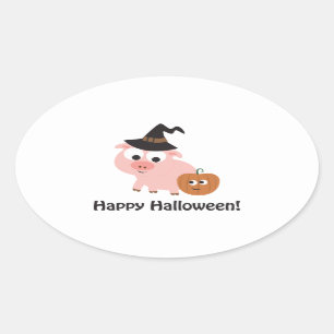 Happy Halloween! Witch Pig Oval Sticker