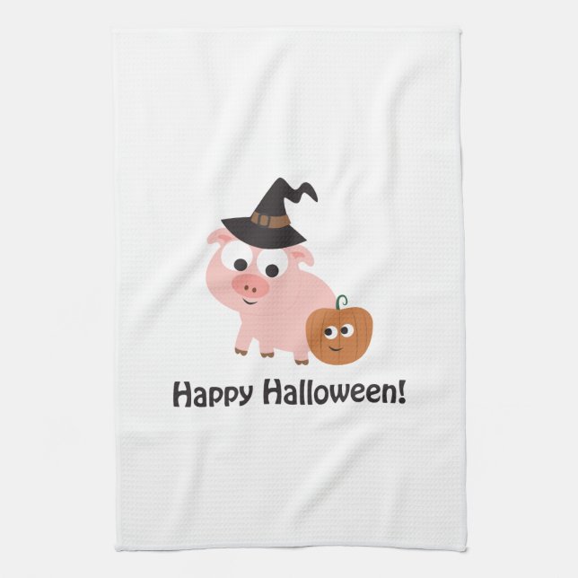 Happy Halloween! Witch Pig Tea Towel (Vertical)