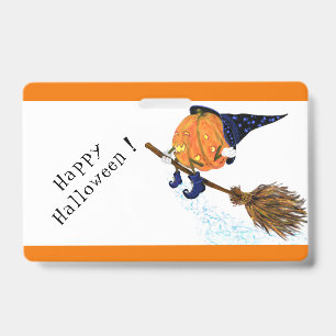Happy Halloween Witch Pumpkin Flying Broom - Fun ID Badge