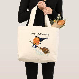 Happy Halloween Witch Pumpkin Flying Broom - Fun Large Tote Bag