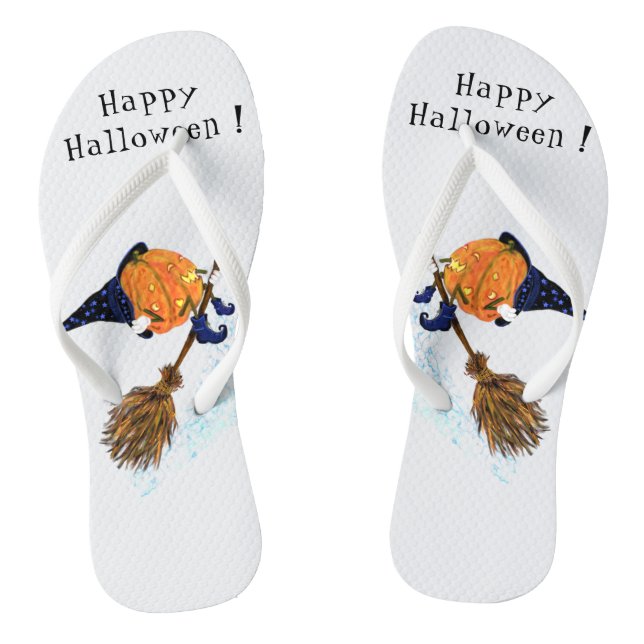 Happy Halloween Witch Pumpkin Flying Broom - Fun Thongs (Footbed)