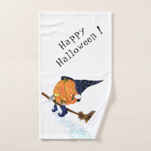 Happy Halloween Witch Pumpkin Flying Broom - Funny Bath Towel Set