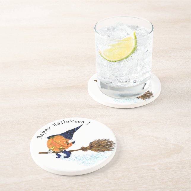 Happy Halloween Witch Pumpkin Flying Broom - Funny Coaster (Side)