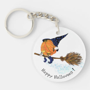 Happy Halloween Witch Pumpkin Flying Broom - Funny Key Ring