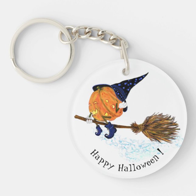 Happy Halloween Witch Pumpkin Flying Broom - Funny Key Ring (Front)