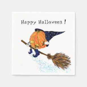 Happy Halloween Witch Pumpkin Flying Broom - Funny Napkin